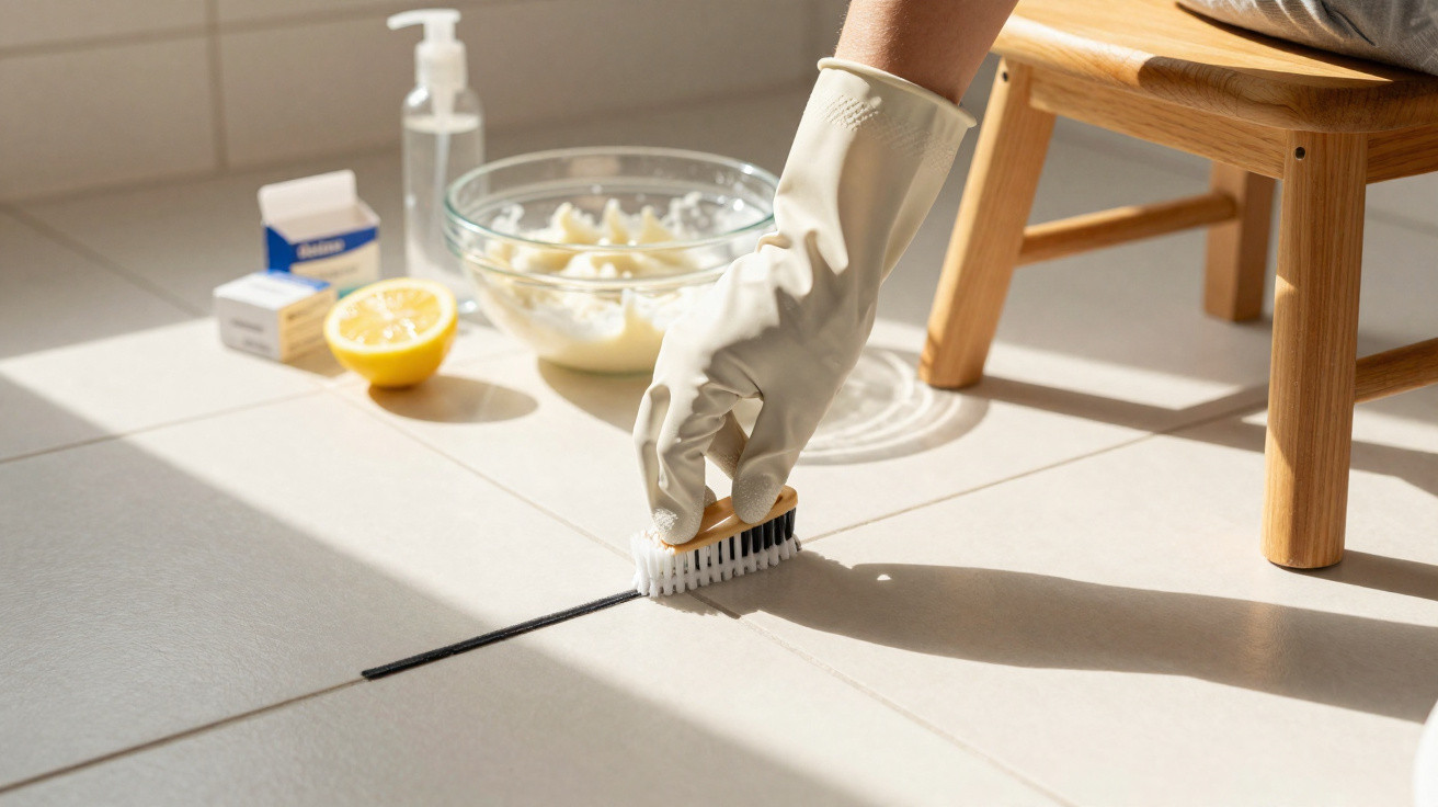 Hand in rubber glove scrubbing black grout line on white tiled floor with brush and cleaning supplies nearby.
