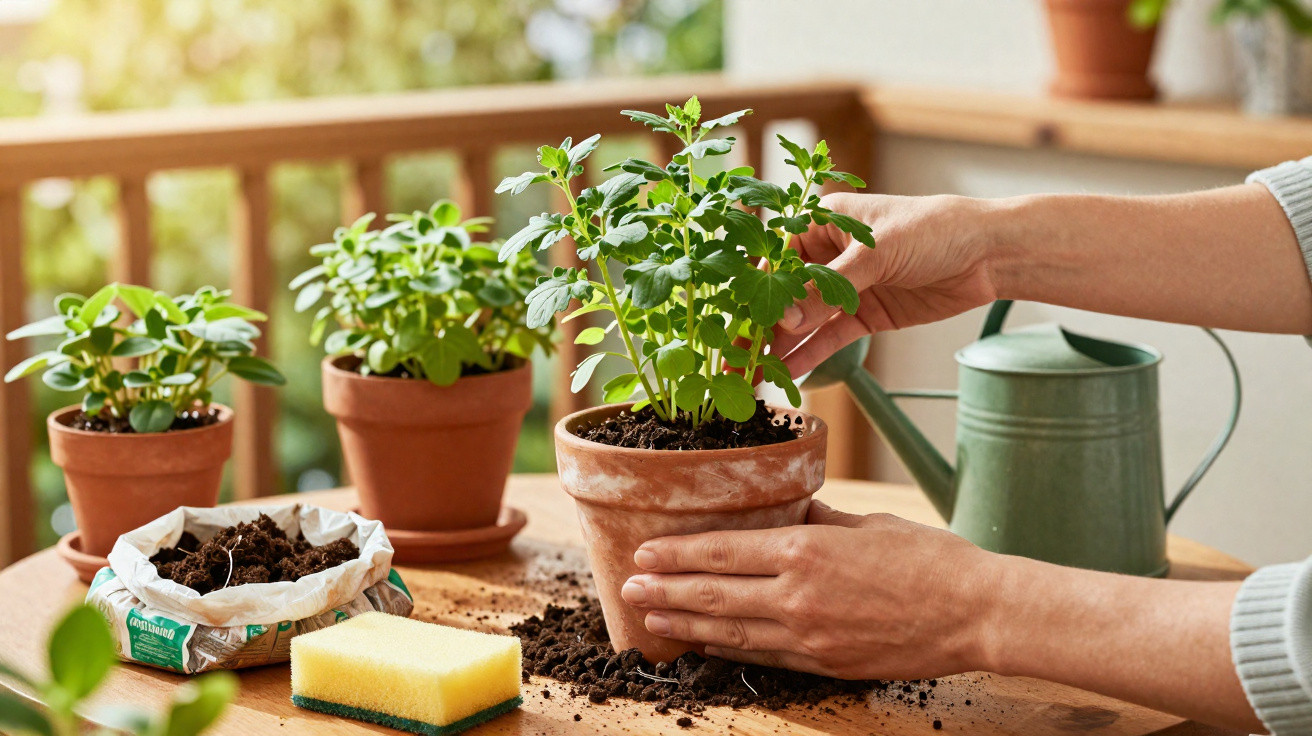 Hands potting a green herb plant in a terracotta pot on a wooden table with gardening tools nearby.