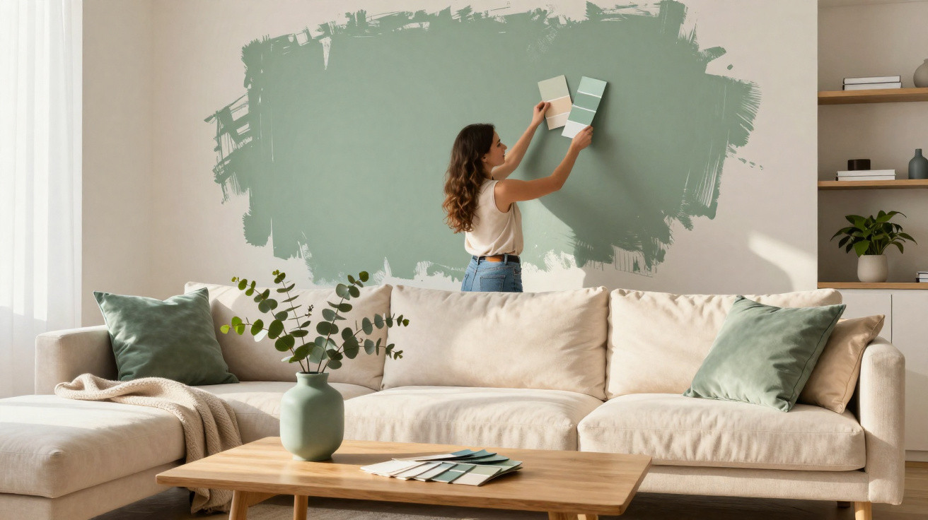 Woman comparing paint swatches on a beige wall partially painted in sage green in a modern living room.
