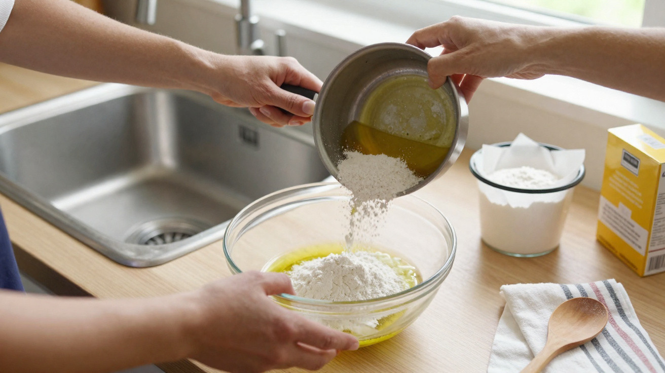Two people mixing flour into a glass bowl with other baking ingredients on a kitchen counter.