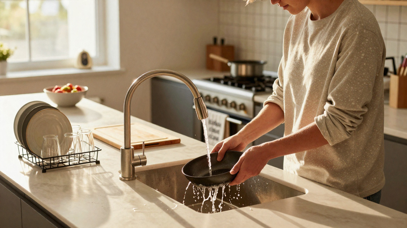 Person rinsing a frying pan under running water at a modern kitchen sink in natural daylight.