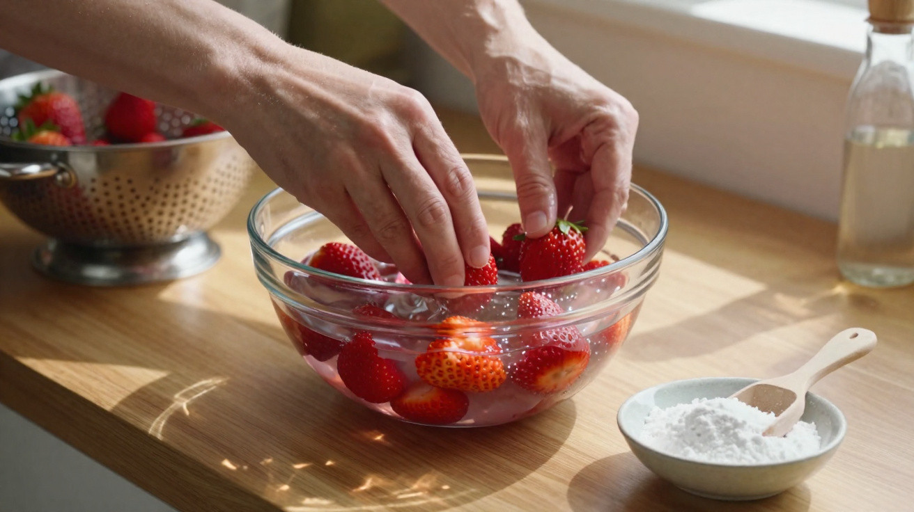 Hands washing fresh strawberries in a glass bowl of water on a wooden kitchen counter beside a bowl of sugar.