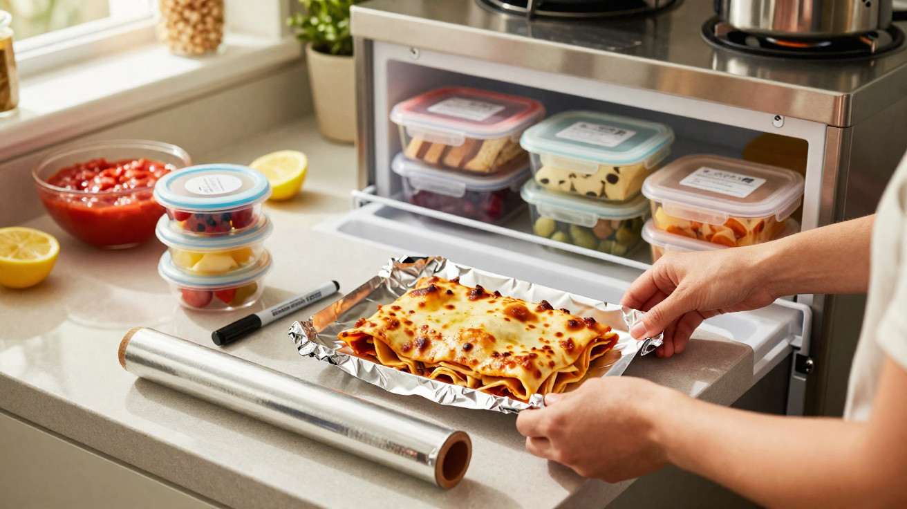 Person placing a baked lasagna on a kitchen counter lined with aluminium foil near stacked food containers.