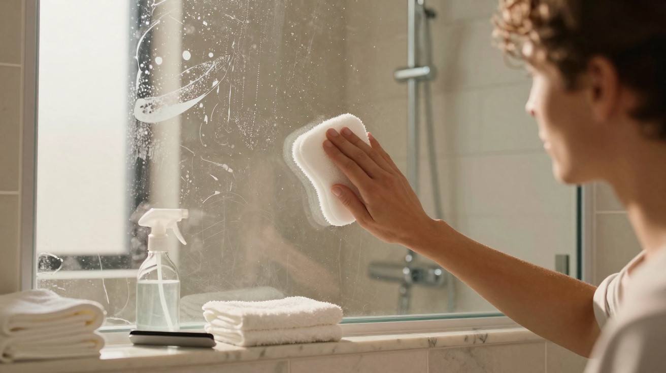 Person cleaning a foggy bathroom mirror with a sponge and spray bottle on the windowsill.