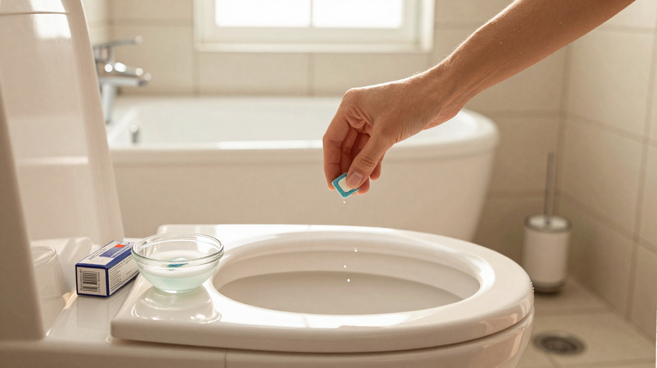 Hand dropping a blue toilet cleaning tablet into a white toilet bowl in a bathroom.