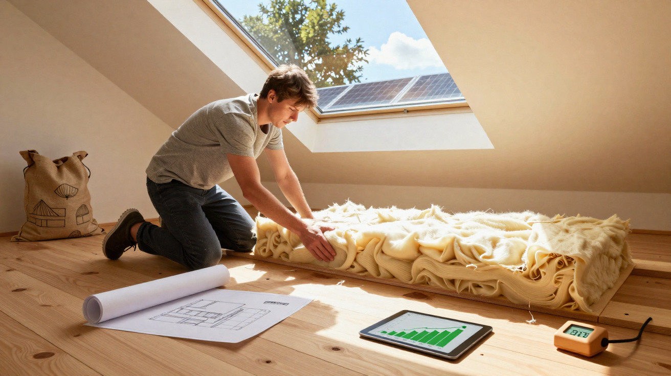 Man installing thick insulation on attic floor next to tablet showing energy efficiency graph and blueprint.
