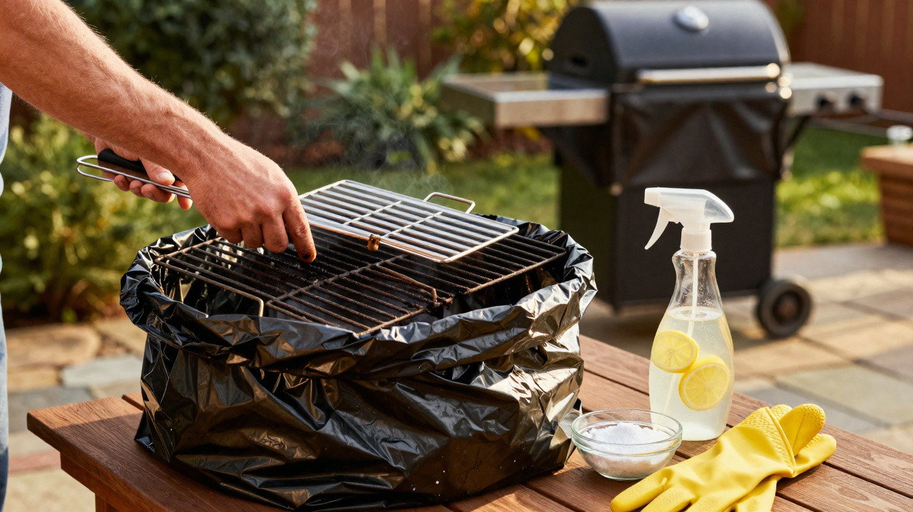 Person cleaning barbecue grill grates over a bin with cleaning spray, gloves, and bowl on a table outdoors.