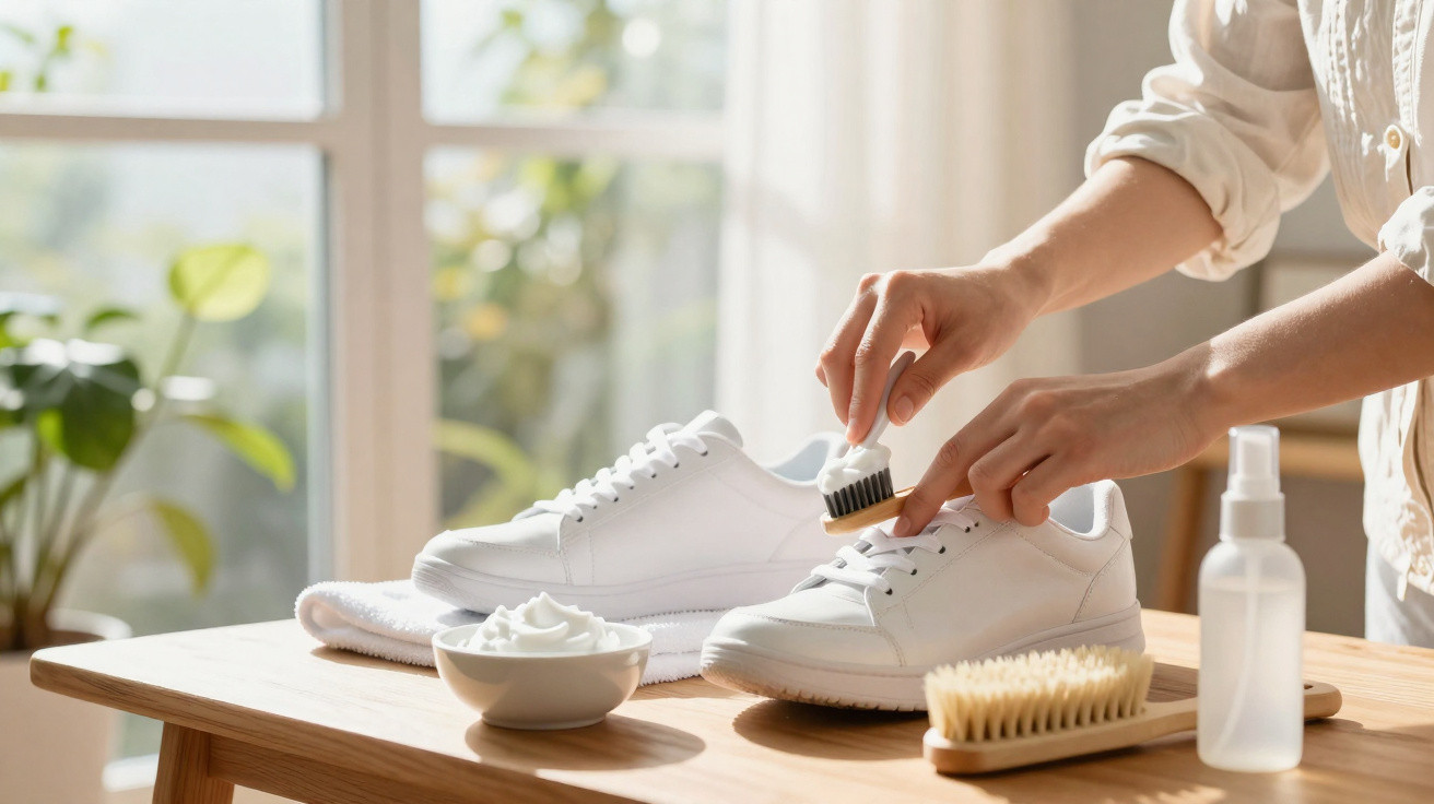 Person cleaning white sneakers with a small brush on a wooden table near a window with natural light.