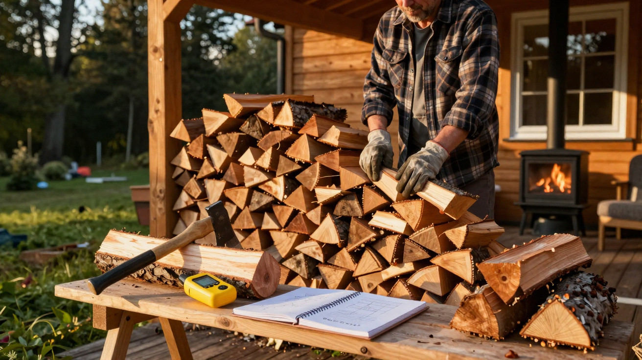 Man stacking chopped firewood next to a pile of logs outside a wooden cabin with a burning stove inside.