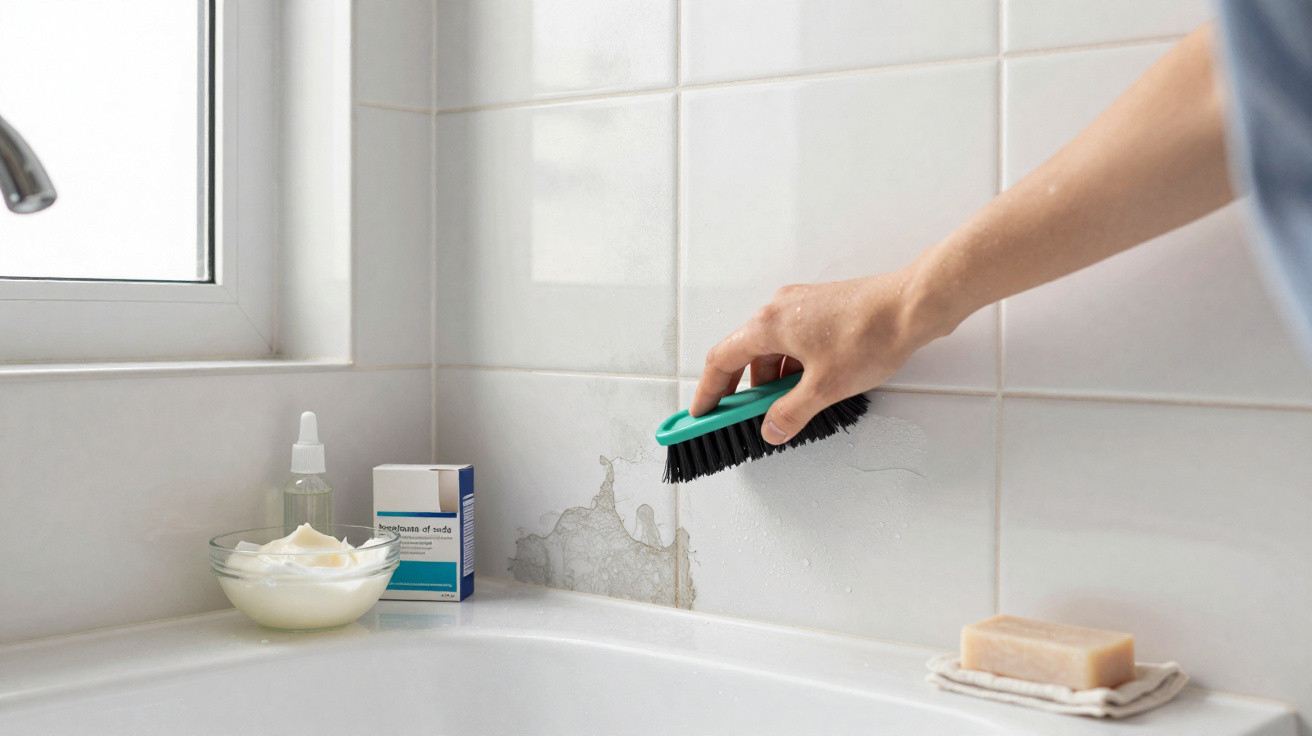 Hand scrubbing mold and dirt on white tiled bathroom wall above bathtub with brush and cleaning products nearby.