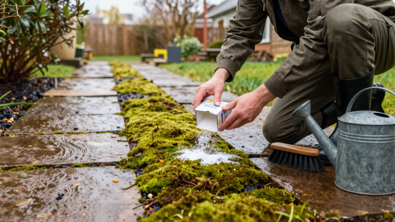 Person sprinkling moss killer powder on moss between garden patio stones on a damp day