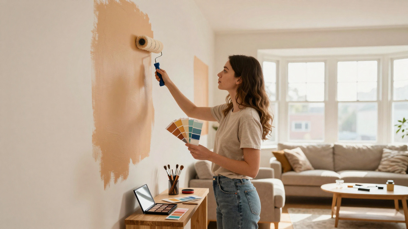 Woman painting a wall peach colour while holding paint swatches in a bright living room.