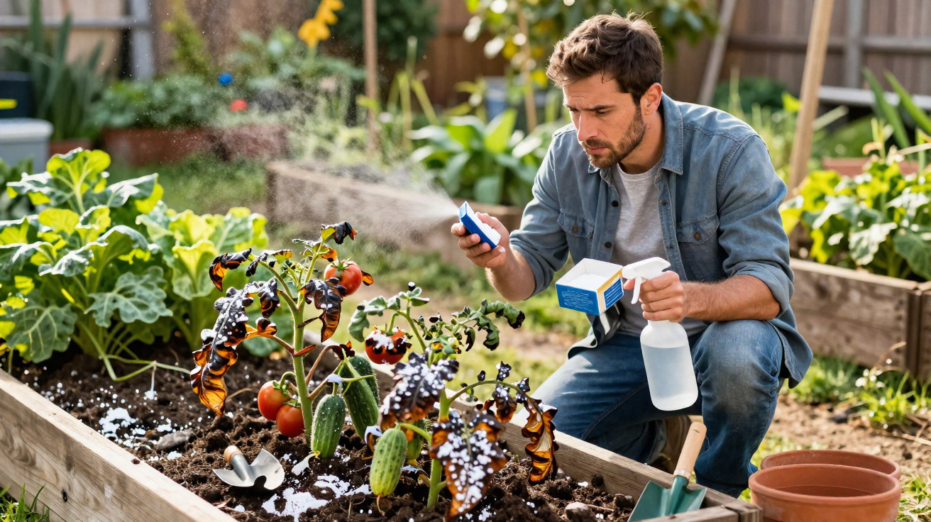 Man spraying pesticide on tomato plants with diseased leaves in a raised garden bed outdoors.