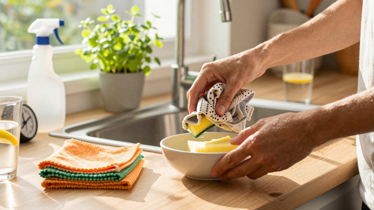Hands wringing out a sponge over a bowl on a wooden kitchen countertop by a sink.