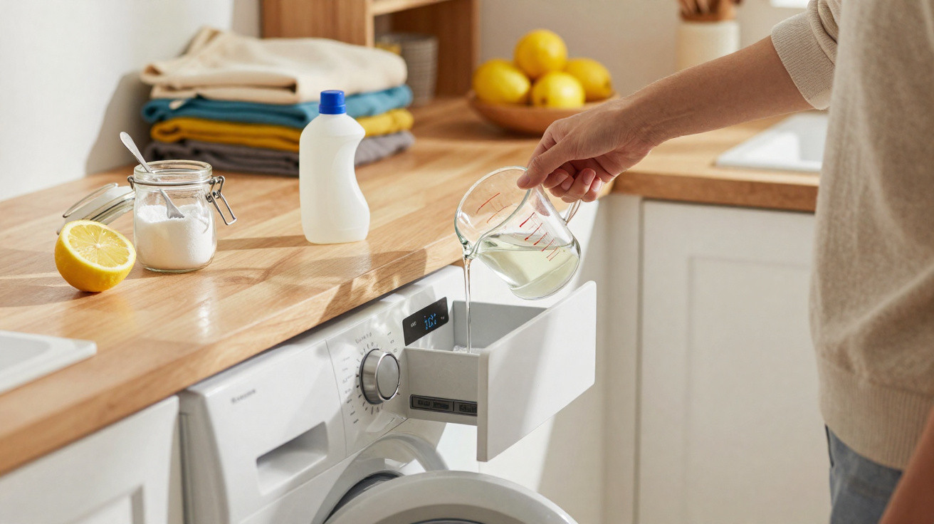 Person pouring liquid detergent into a washing machine drawer in a bright laundry room.