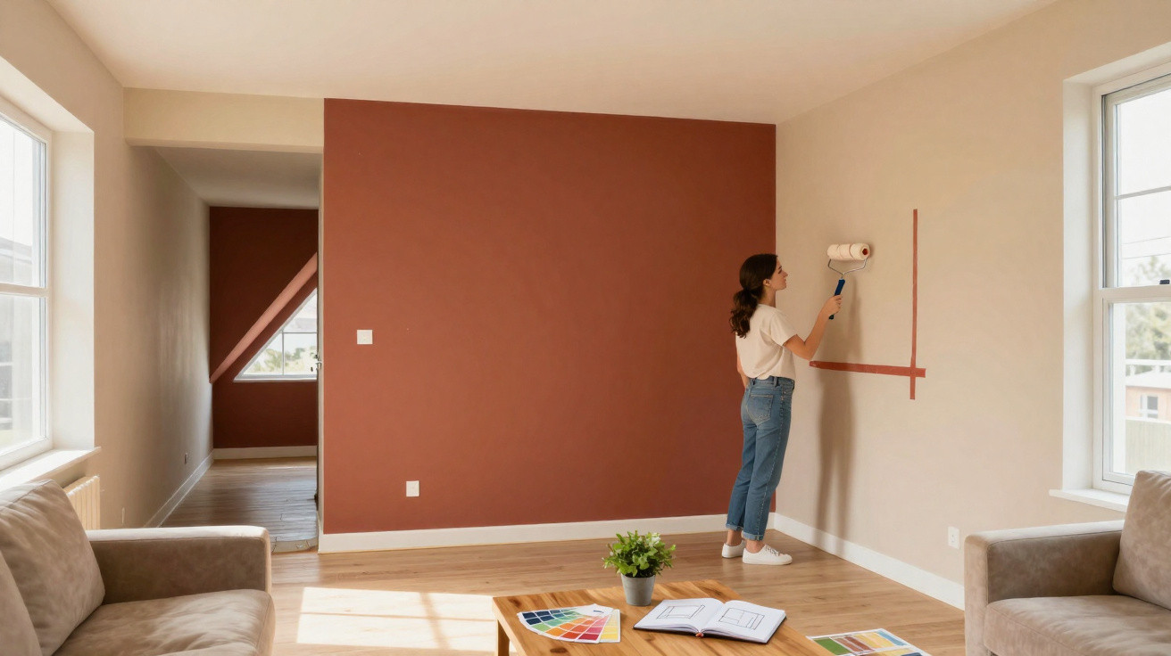 Woman painting a wall with a paint roller in a bright living room with brown and beige walls.