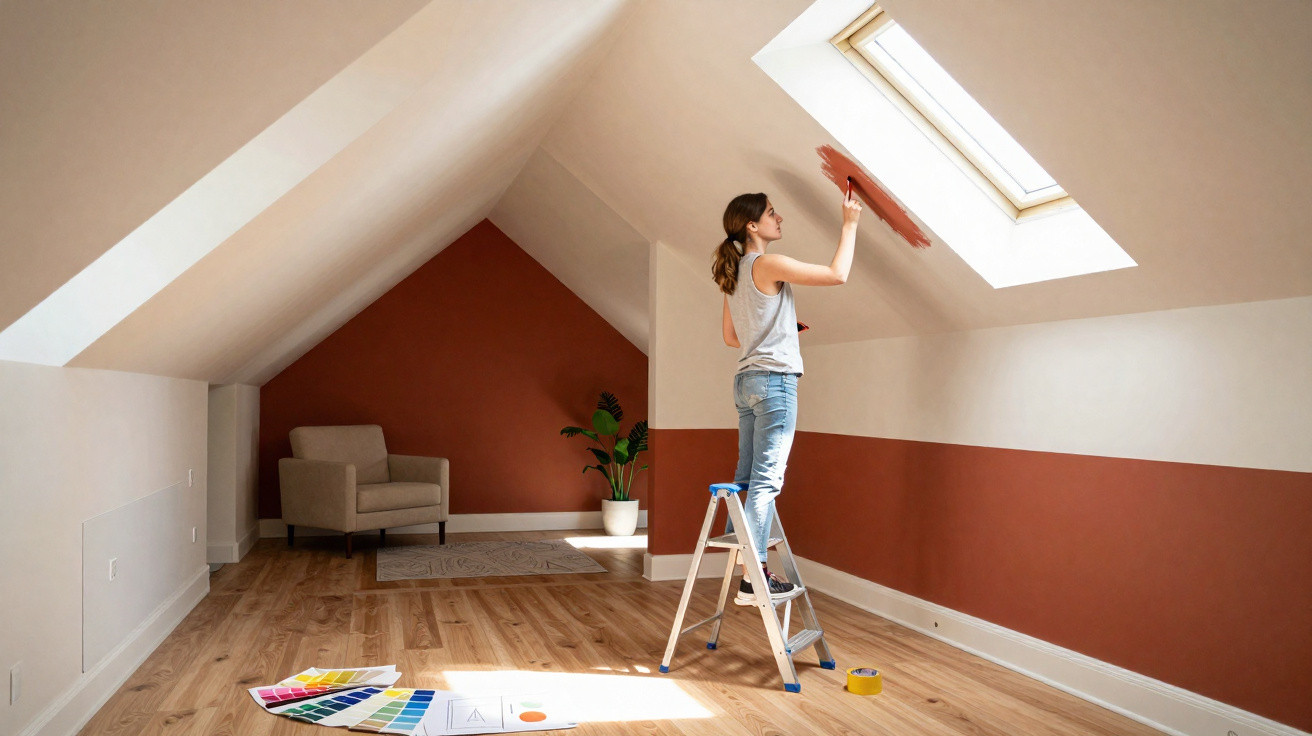 Woman painting a slanted ceiling near a skylight in a bright attic room with wooden floors and terracotta walls.