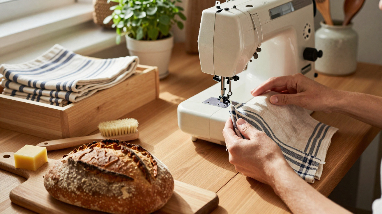 Person sewing blue-striped fabric on a white sewing machine on a wooden kitchen table next to bread.