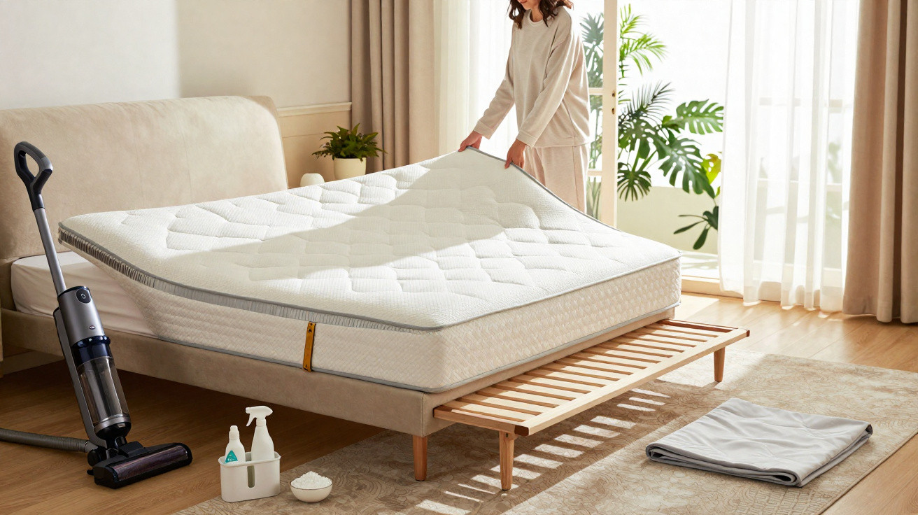 Person lifting a mattress topper in a bright bedroom with cleaning supplies and a vacuum nearby.