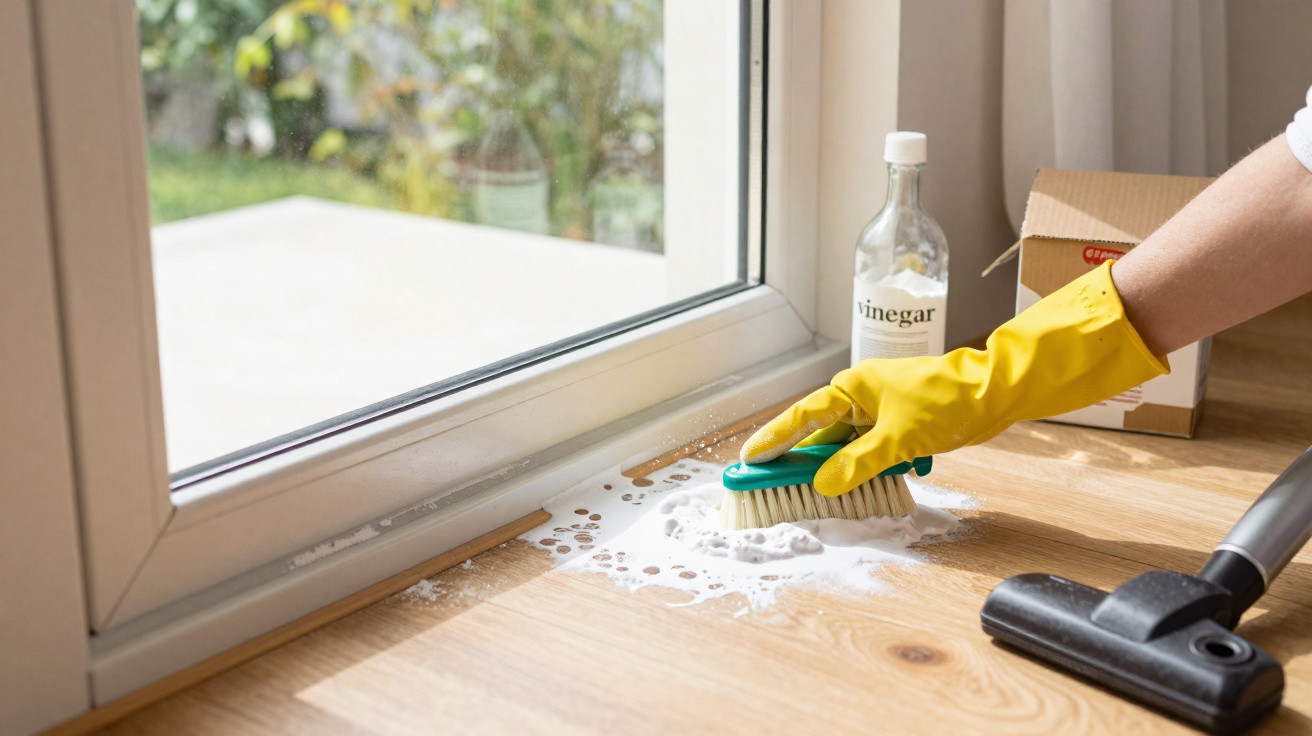 Person wearing yellow gloves scrubbing a wooden floor near a window with vinegar and baking soda nearby.