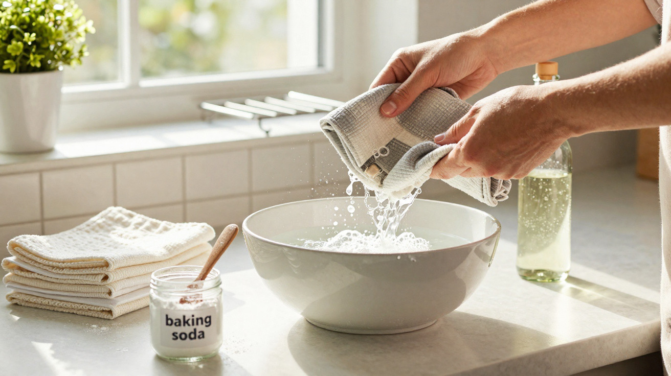Hands wringing water from a cloth over a white bowl on a kitchen counter with baking soda nearby.