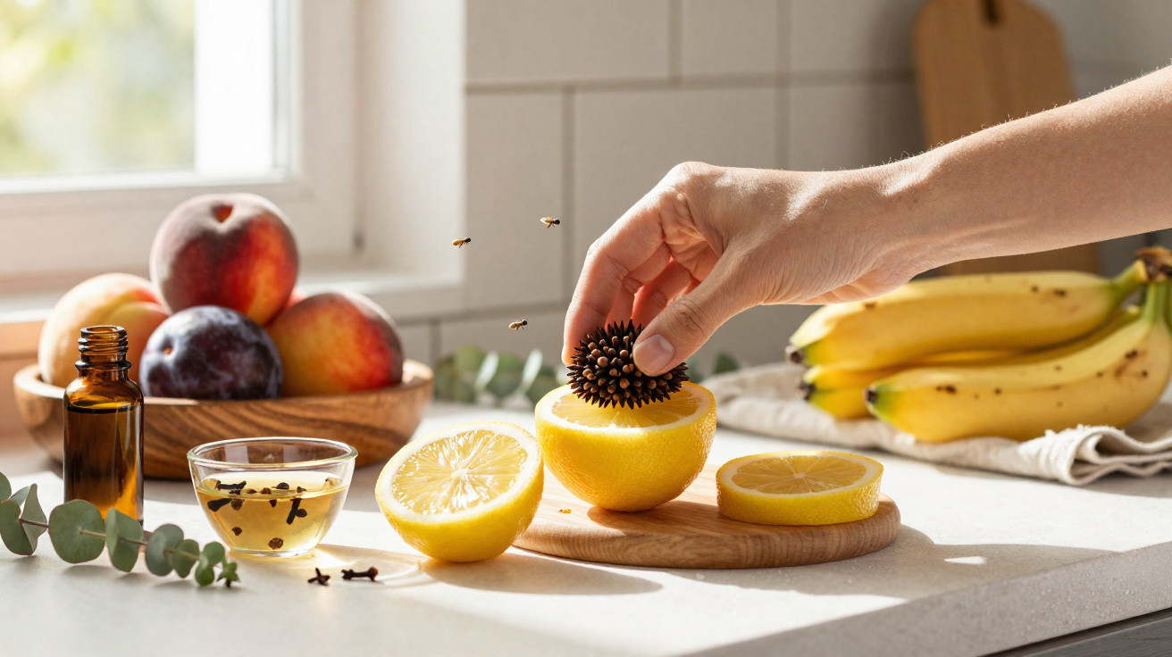 Hand placing a spiky seed pod into a halved lemon on a kitchen counter with fruit and bees nearby.