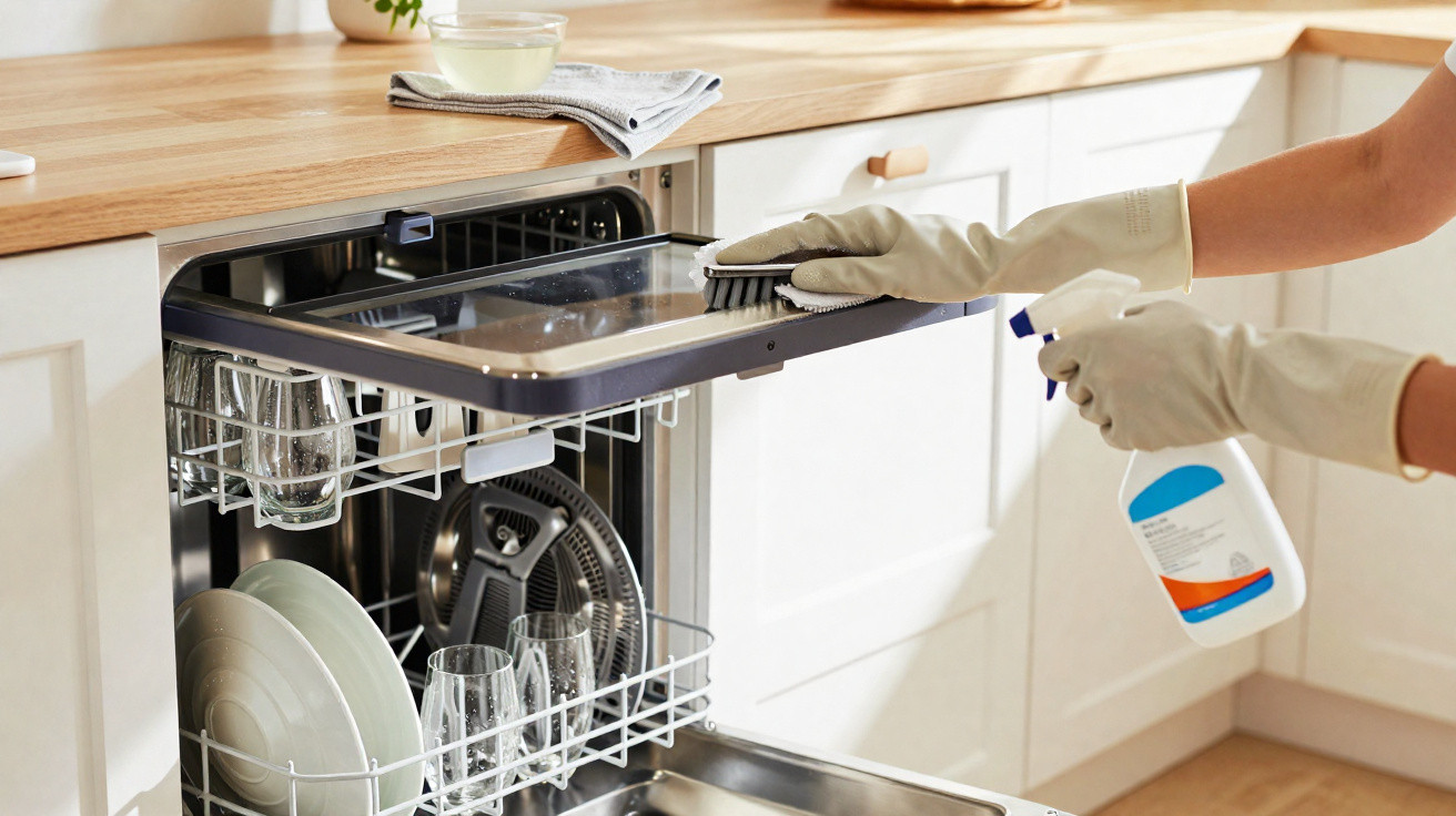 Person wearing rubber gloves cleaning the open door of a kitchen dishwasher with a brush and spray bottle.