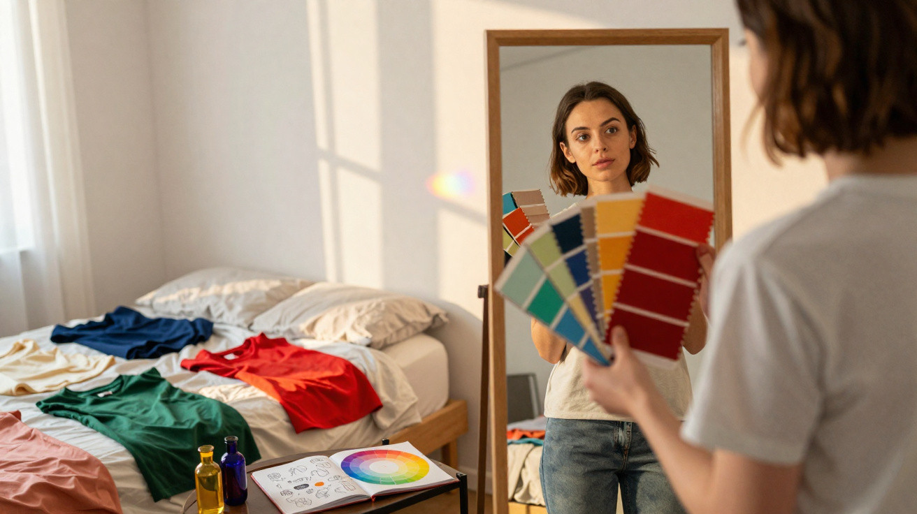Woman holding colour swatches in front of a mirror in a bedroom with clothes and colour wheel on a table.