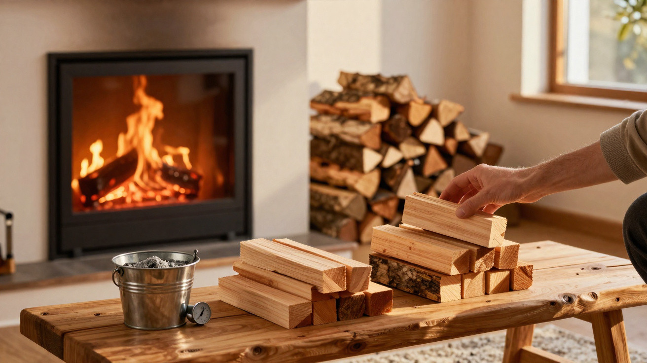 Hand stacking wooden firewood on a table near a lit indoor fireplace with a metal bucket of ash.