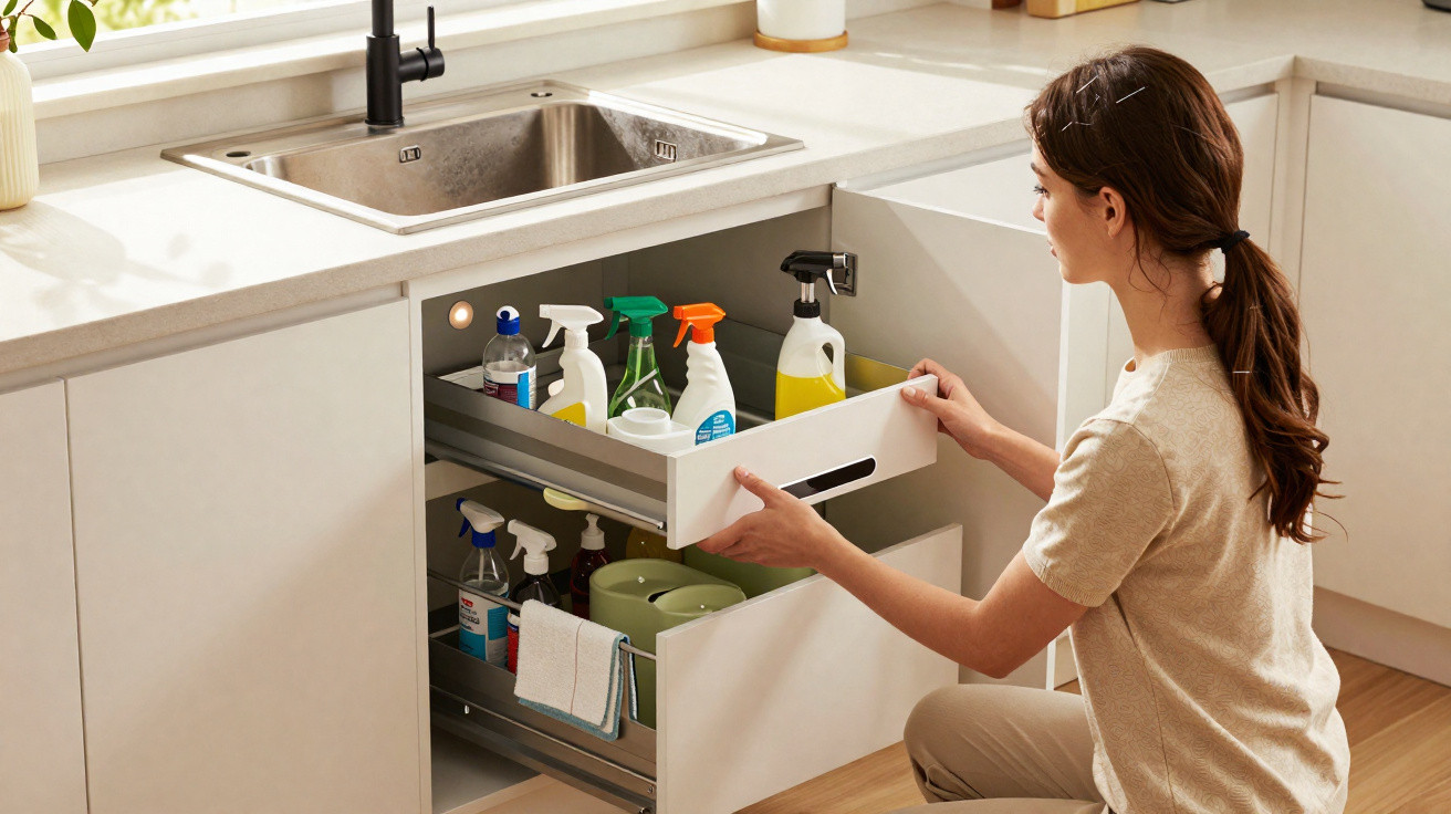 Woman kneeling and opening kitchen cabinet drawers filled with cleaning products under the sink.