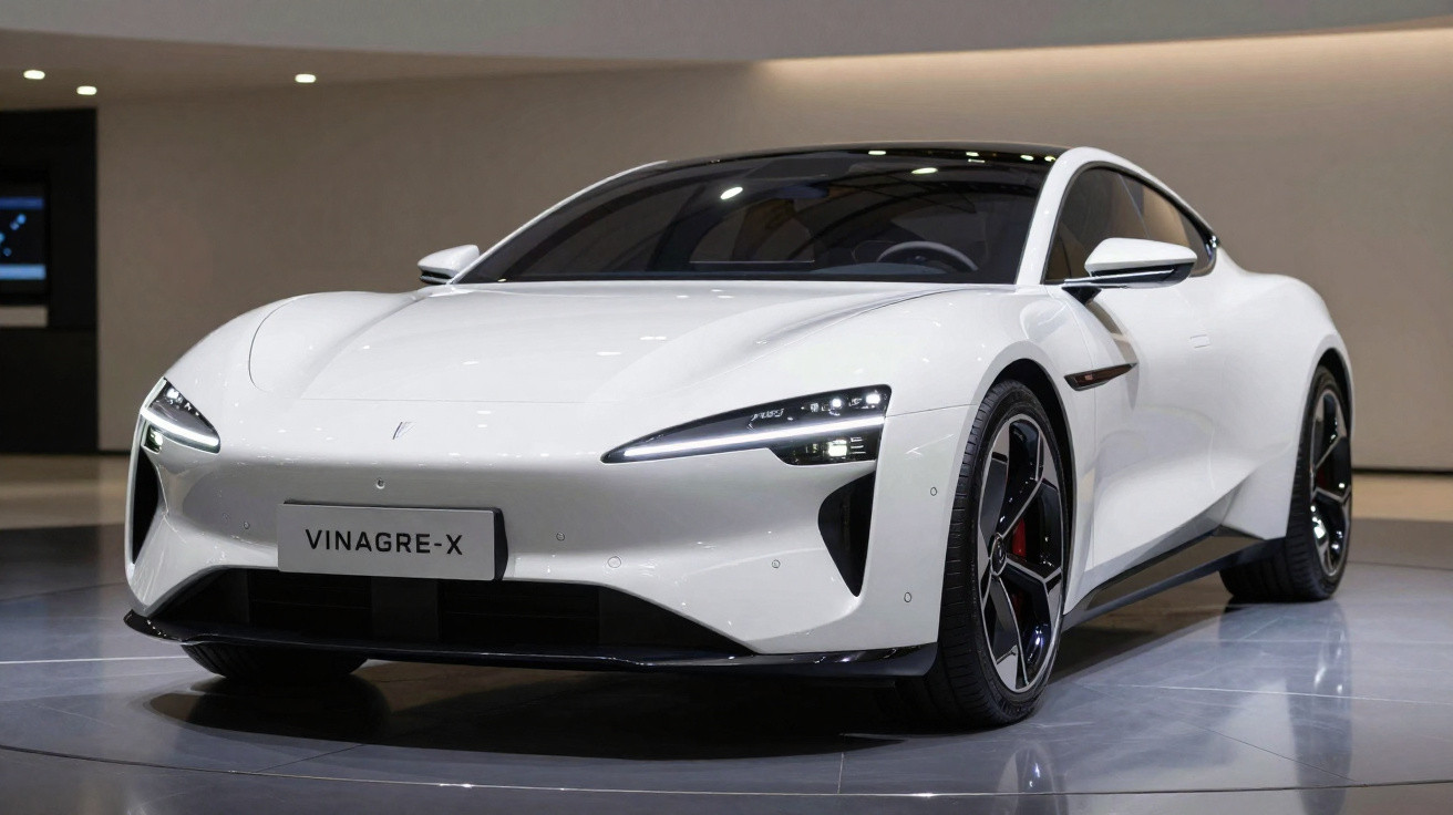 White Vinagre-X electric sports car displayed in a showroom with sleek aerodynamic design and black alloy wheels.