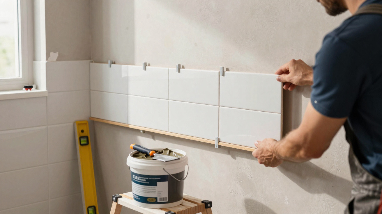 Man fitting white ceramic tiles on a kitchen wall with tiling tools and a spirit level nearby.