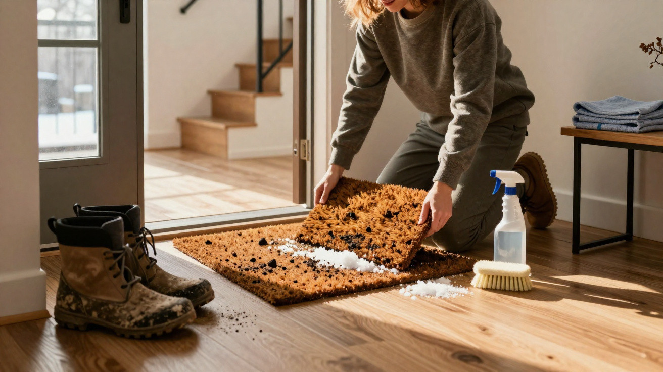 Person cleaning mud and salt off a brown doormat next to muddy boots by a door.