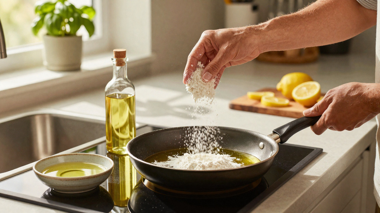 Hand sprinkling flour into a frying pan with oil on a stovetop in a bright kitchen.