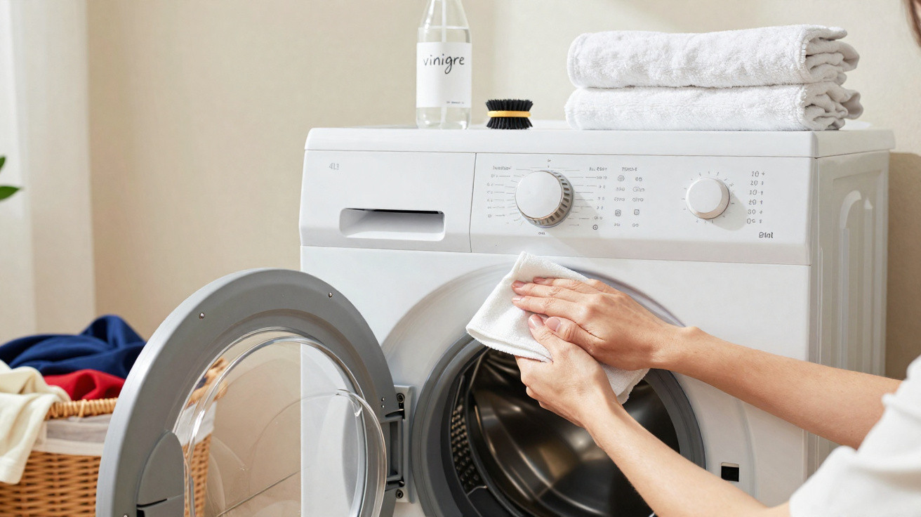 Person cleaning the door of a front-loading washing machine with a cloth in a laundry room.