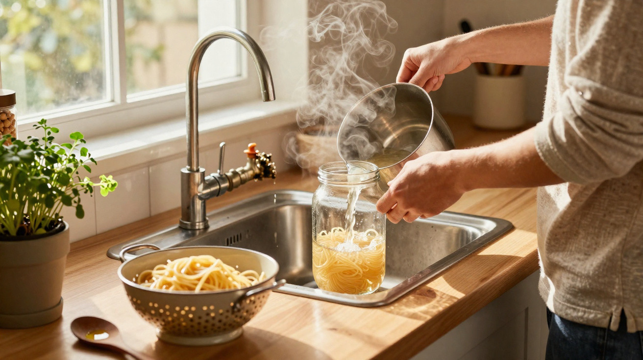 Person pouring hot water from a saucepan into a jar of cooked spaghetti by a kitchen sink.