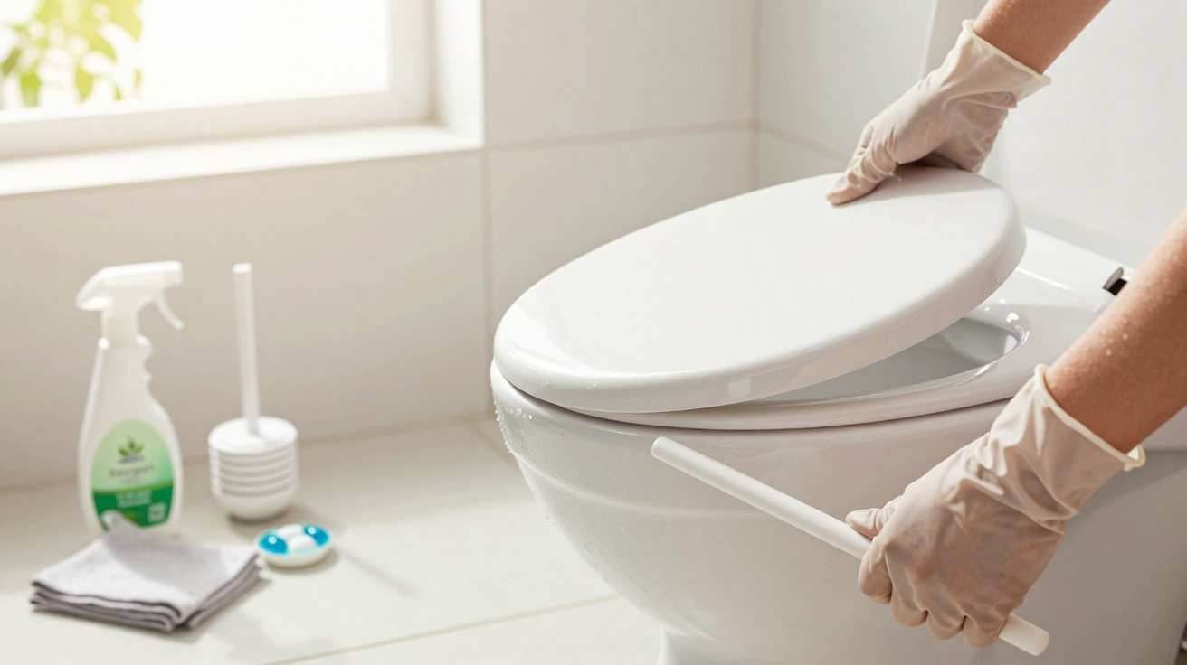 Person wearing gloves cleaning a toilet with a brush in a bright bathroom with cleaning supplies nearby.