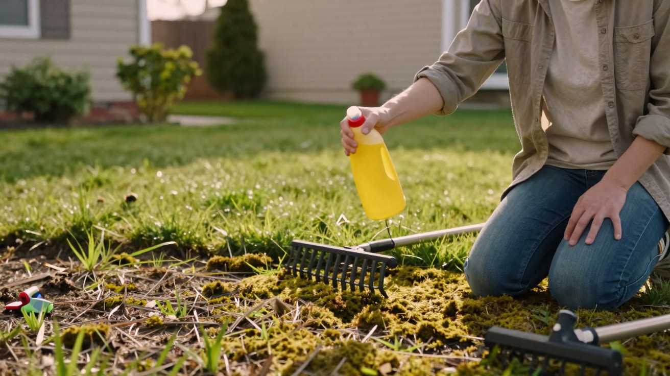 Person kneeling on grass lawn spraying moss with yellow bottle and garden rakes in background.
