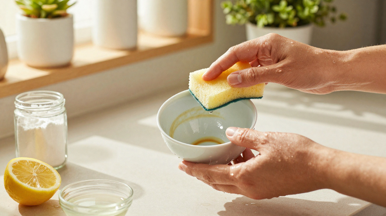 A person cleaning a bowl with a yellow sponge on a kitchen counter with lemon and jars nearby.