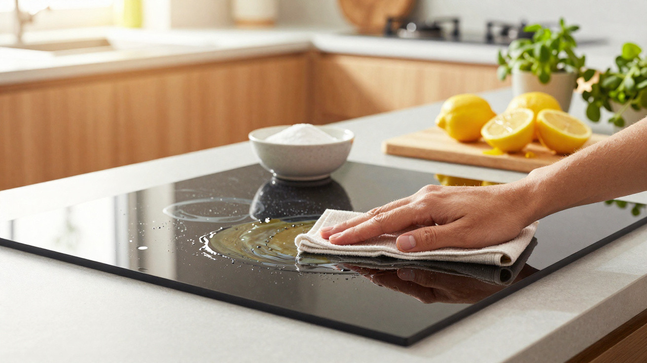 Hand wiping a glass stovetop with a cloth in a bright kitchen with lemons on the counter