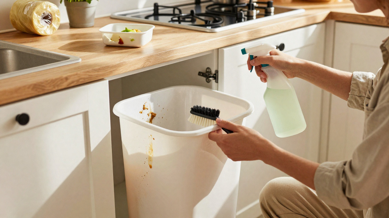 Person scrubbing and spraying the inside of a white kitchen bin under a wooden countertop.