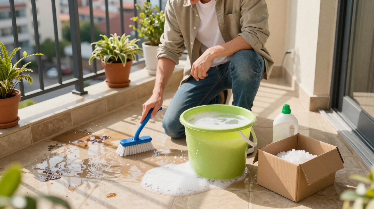 Person cleaning soapy floor on balcony with brush, bucket, detergent, and cleaning powder nearby.