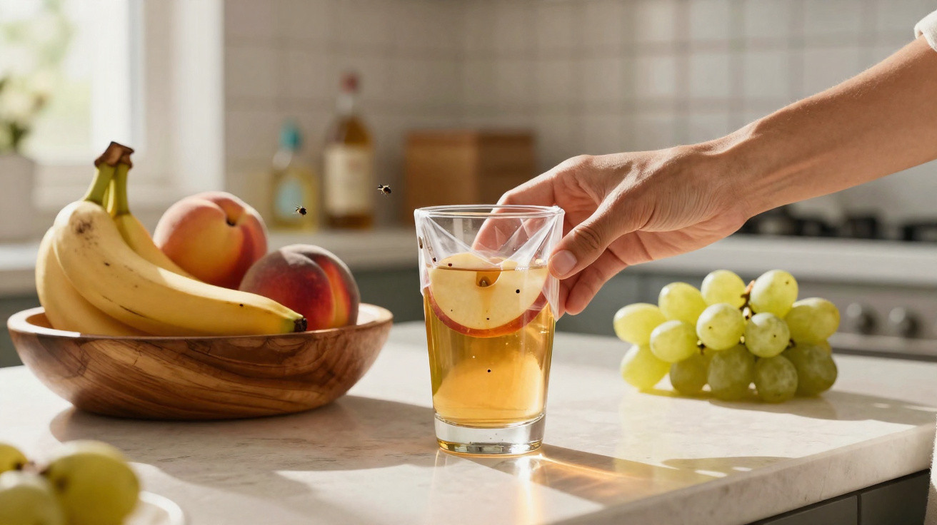 Hand holding a glass of apple juice with apple slice on a kitchen counter with fruit bowl and grapes.