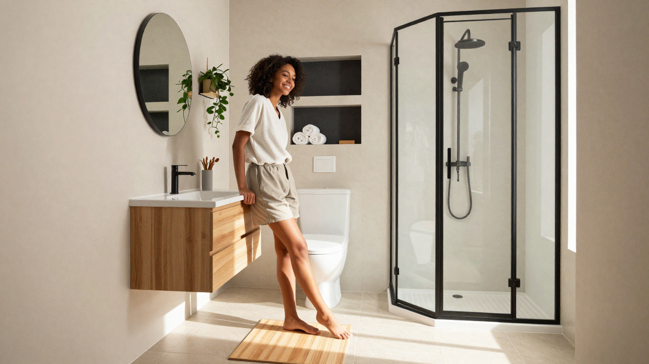 Smiling woman leaning on bathroom vanity in modern bathroom with glass shower, toilet, and round mirror.