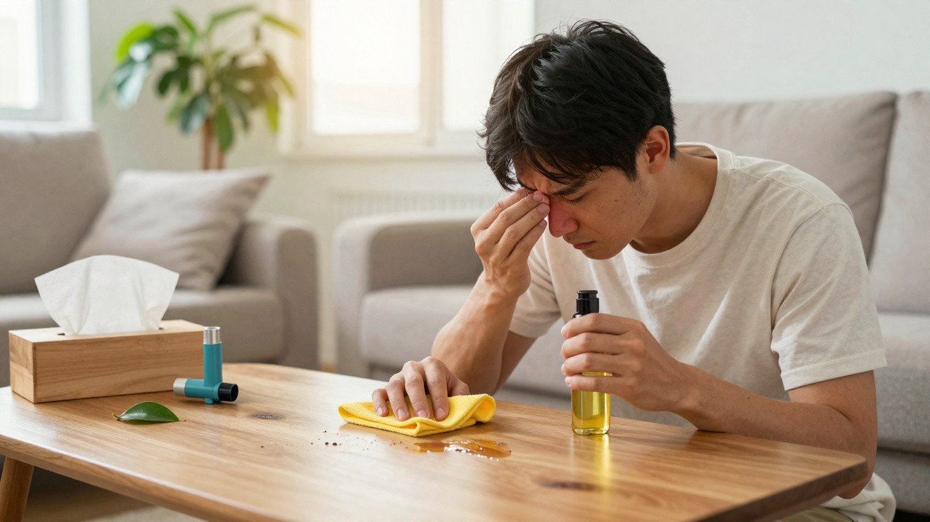 Man holding essential oil bottle and wiping spilled liquid on wooden table while touching his forehead
