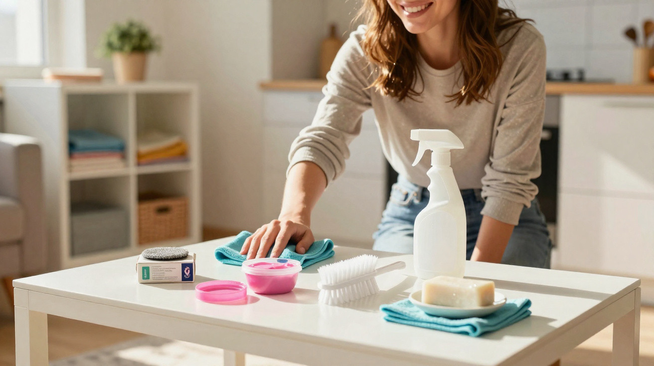 Woman cleaning a white table with a cloth, surrounded by cleaning supplies in a bright kitchen.