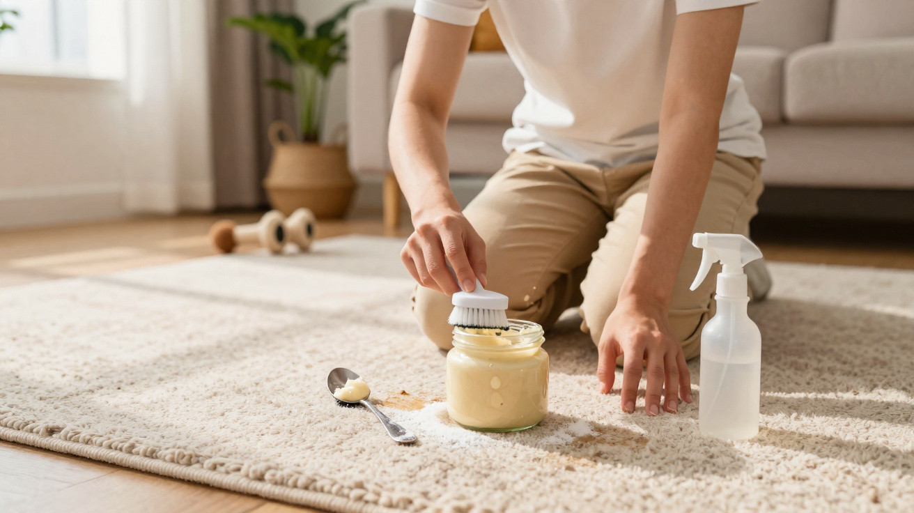 Person cleaning a beige carpet with a brush, cream jar, spoon, and spray bottle in a bright living room.