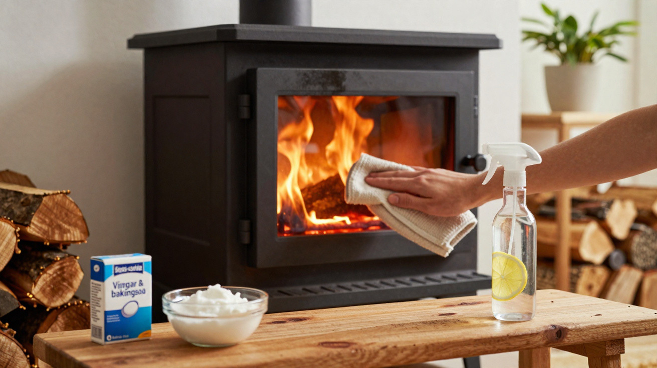 Hand cleaning a glass wood-burning stove door with cloth, spray bottle, vinegar, and baking soda nearby.
