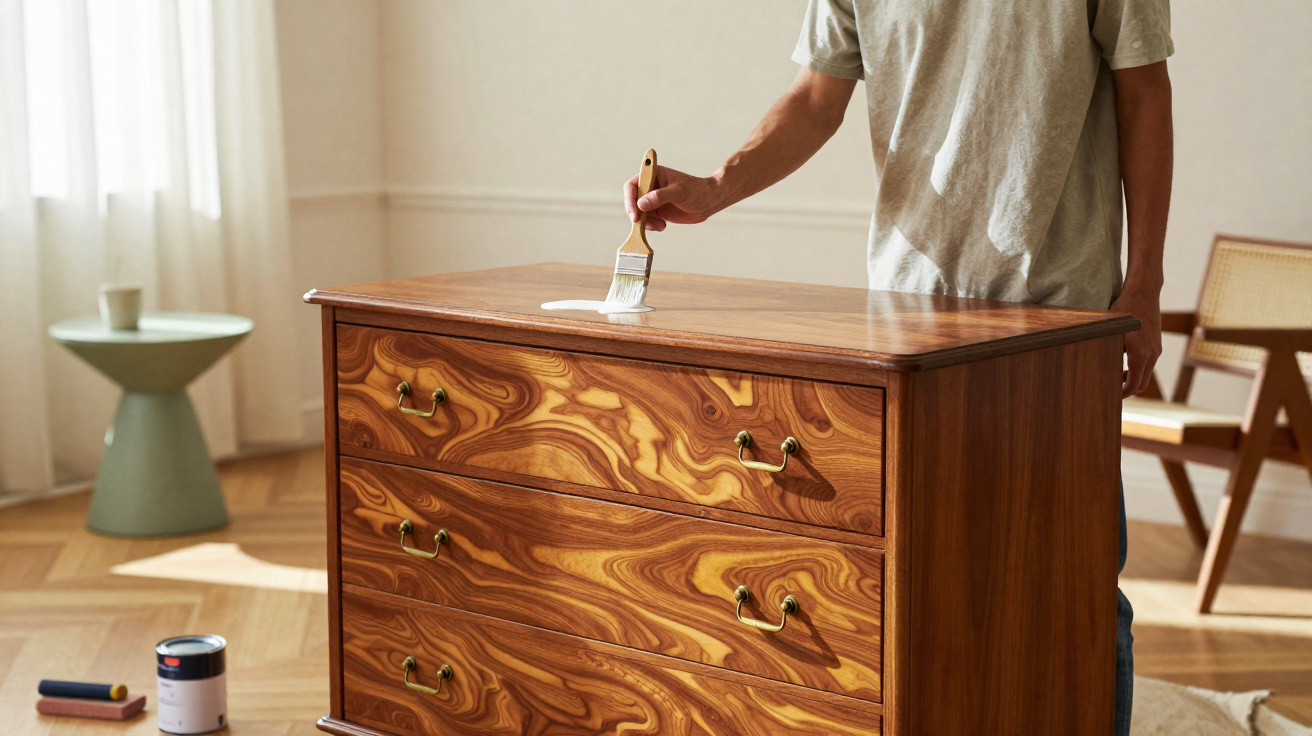 Person applying varnish to wooden dresser in a sunlit room with modern furniture.