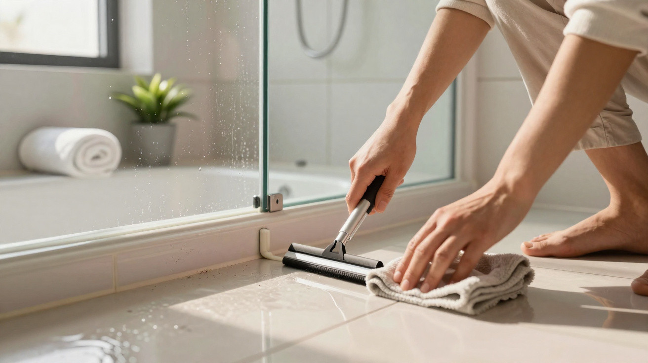 Person cleaning bathroom floor near glass shower with squeegee and cloth beside rolled towel and small plant.